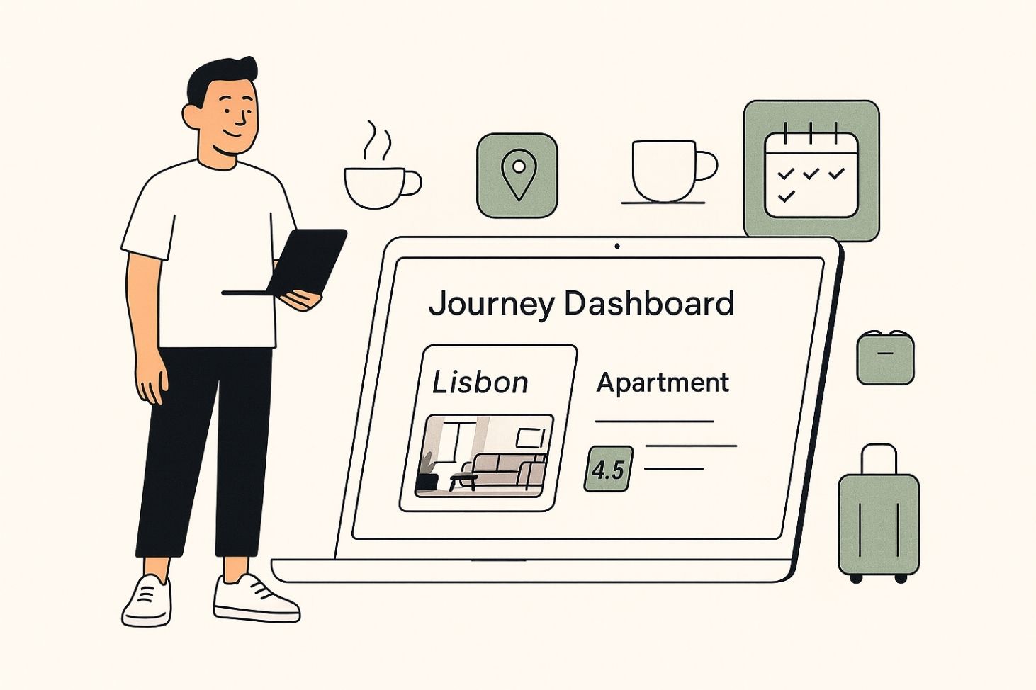 Digital nomad planning journey with dashboard